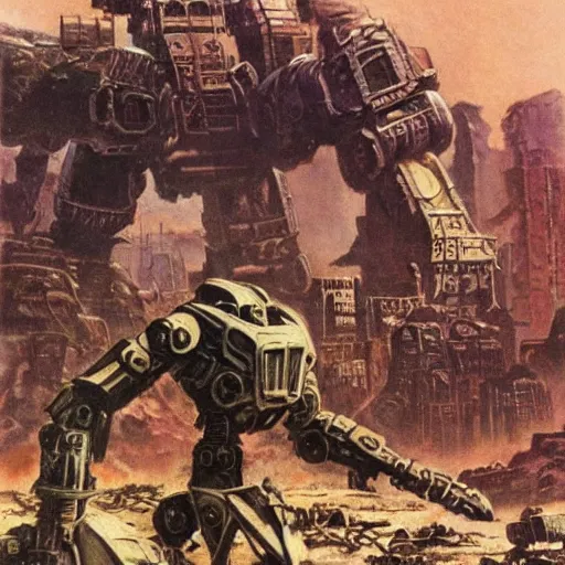 Image similar to a blasted wasteland filled with the ruins of giant mecha, frank frazetta