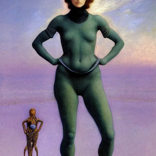 Prompt: masterpiece full body portrait of a beautiful Fremen woman with a perfect body on Dune, by Edgar Maxence and Ross Tran and Michael Whelan and Gustav Klimpt