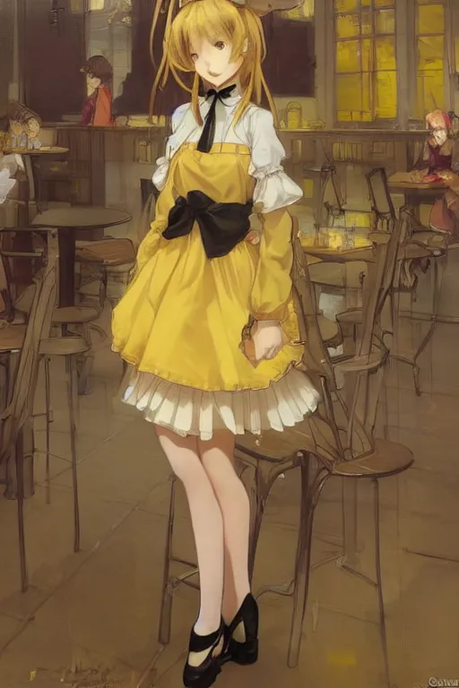 Prompt: A girl in a maid's outfit in a cafe a afternoon, yellow theme,S line,45 angel by krenz cushart and mucha and range murata and greg rutkowski