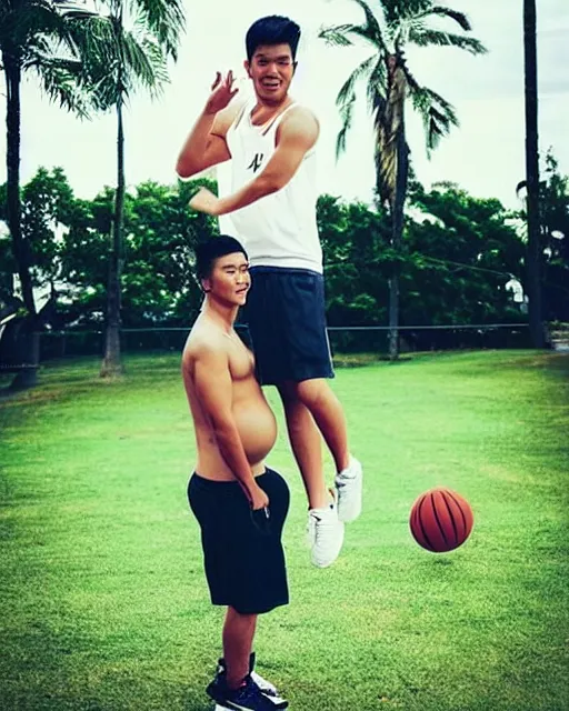 Prompt: “Attractive young Filipino man with a big pregnant belly playing basketball”