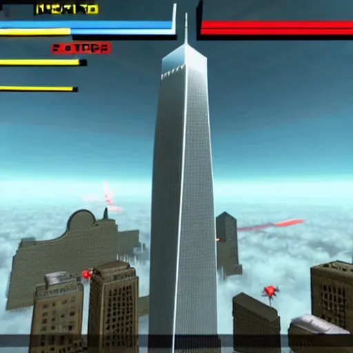 Image similar to a screenshot from the video game super 9 / 1 1, in which players control planes and intend to hit as many towers as possible