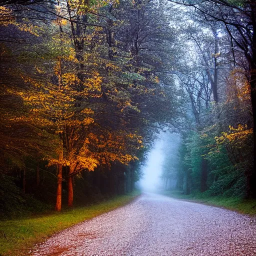 Prompt: beautiful small down, cobblestone roads, low light, end of day, trees, forest in the distance, light mist