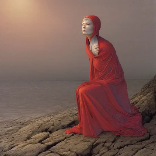 Image similar to portrait, shore of the lake, woman, wrapped around by veins, veiled, glowing red, by edgar maxence and ross tran, zdzisław beksinski, and michael whelan, distant, gustav dore, h. r. giger, 8 k, octane render