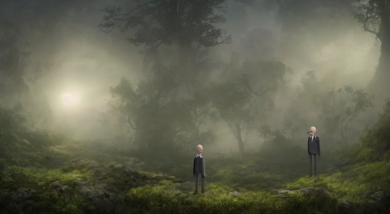 Image similar to photorealistic matte painting of mr burns standing far in misty overgrowth undergrowth jagged rock features volumetric fog light rays high contrast dawn