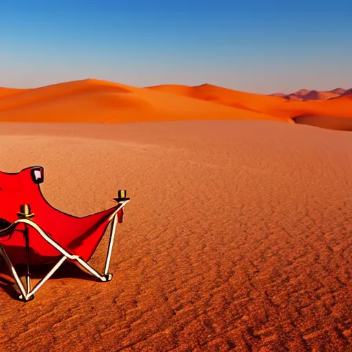 Image similar to a red camping chair in the middle of the sahara desert. the chair is far away from the camera.