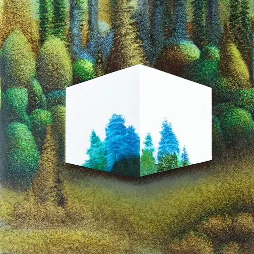 Image similar to A white cube in the middle of a forest landscape, by bob ross