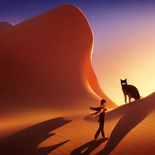 Prompt: cat and man in sahara desert. digital art. artstation. realistic. vibrant. illustration. in the style of pixar movie. octane render. art by makoto shinkai, stanley artgerm lau, wlop, rossdraws. volumetric lighting.