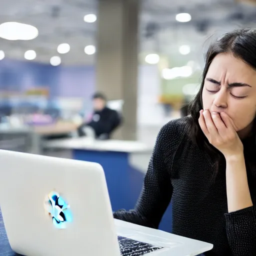 Prompt: photo of a beautiful young woman struggling to buy an apple laptop online, eyes closed, frustrated,