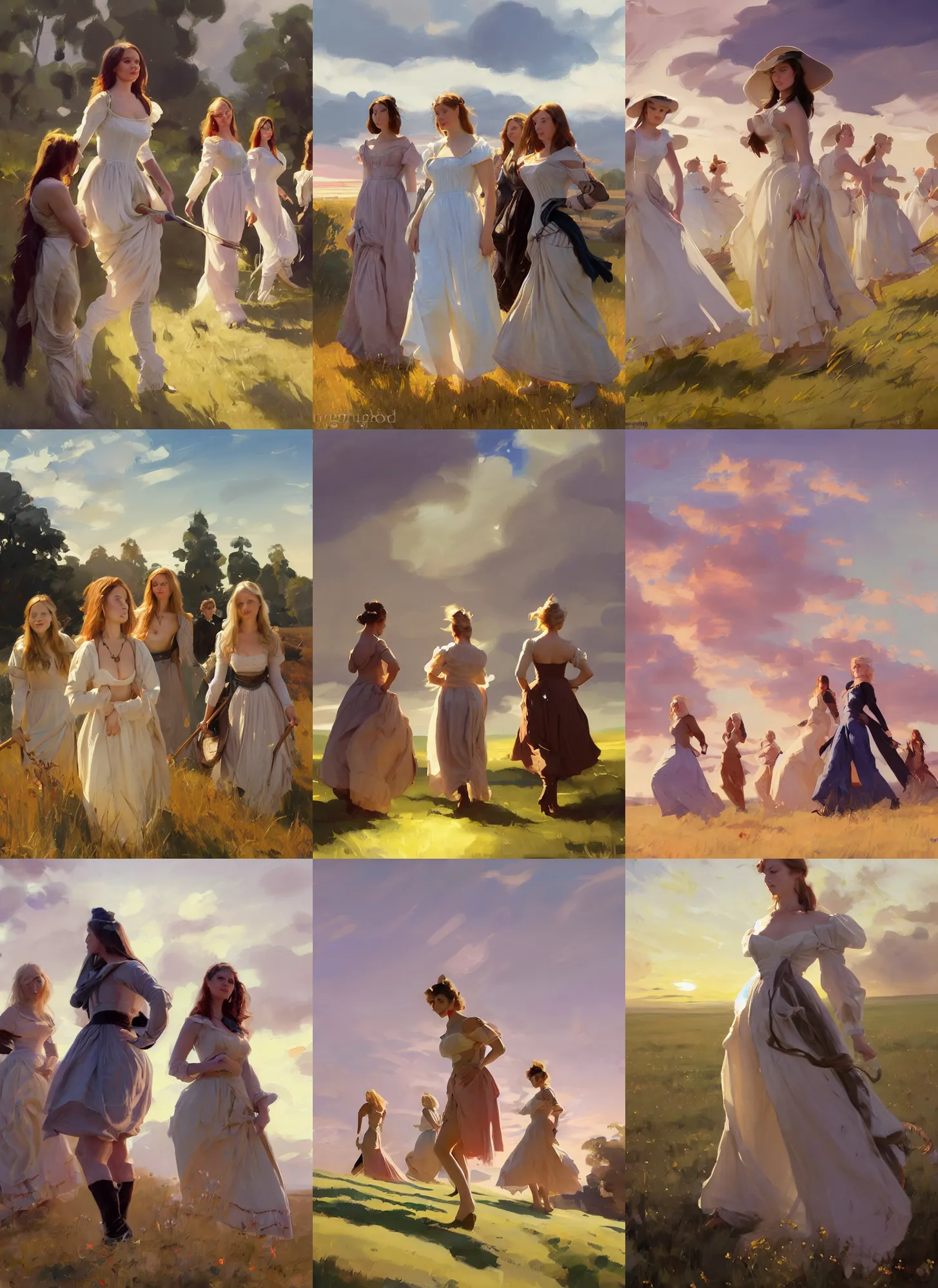 Image similar to group of beautiful finnish norwegian swedish scandinavian attractive glamour models wearing 1 7 th century bodice with low neckline walking in the field at sunset, jodhpurs greg manchess painting by sargent and leyendecker, studio ghibli fantasy medium shot asymmetrical intricate elegant matte painting illustration hearthstone, by greg rutkowski by greg tocchini by james gilleard