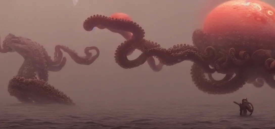 Image similar to a robotic octopus consuming jupiter, foggy, cinematic shot, photo still from movie by denis villeneuve, wayne barlowe