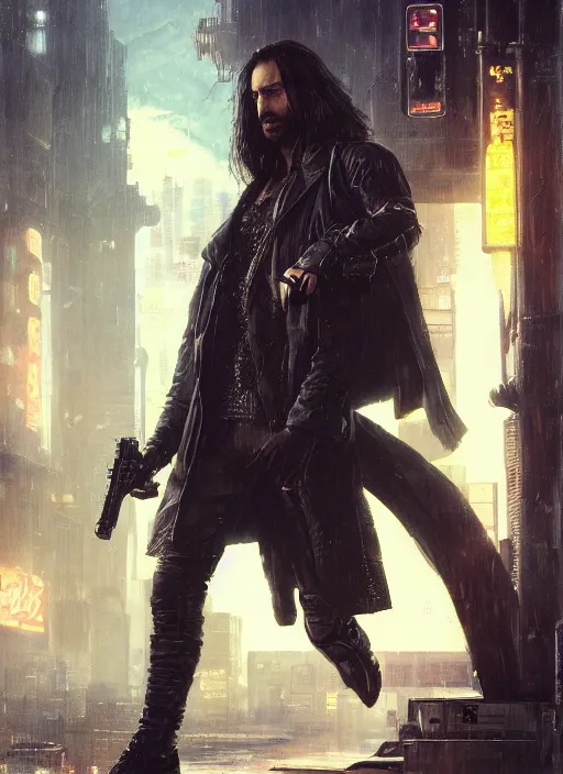 Image similar to long hair vampire. cyberpunk mercenary in a military vest ( blade runner 2 0 4 9, cyberpunk 2 0 7 7 ). orientalist portrait by john william waterhouse and james gurney and theodore ralli and nasreddine dinet, oil on canvas. cinematic, hyper realism, realistic proportions, dramatic lighting, high detail 4 k