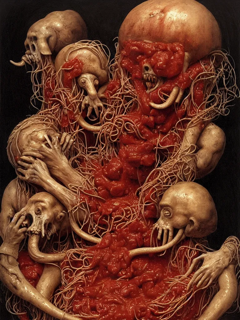 Prompt: a boy like the spaghetti monster, eraserhead and elephant man sitting in a tub full of tomato sauce, looking straight into camera, screaming in desperation, by giuseppe arcimboldo and ambrosius benson, renaissance, fruit, intricate and intense oil paint, a touch of chesles bonestell, beksinski and hr giger and edward munch, realistic