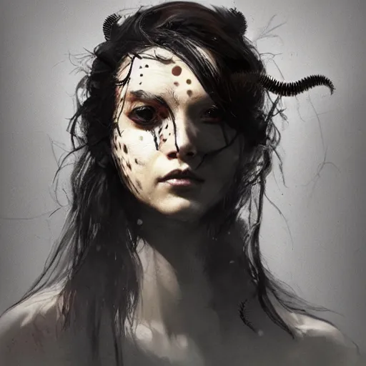 Image similar to portrait of a woman with long black hair and grubs on her face, coming out of holes in her skin, trypophobia, dramatic lighting, illustration by Greg rutkowski, yoji shinkawa, 4k, digital art, concept art, trending on artstation