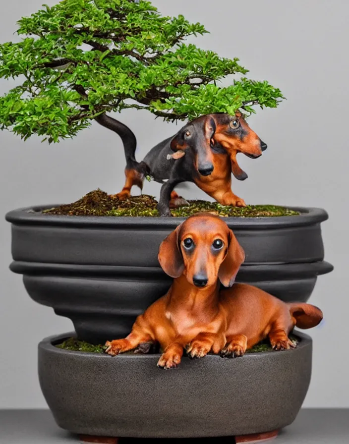 Image similar to Dachshund growing from a bonsai pot