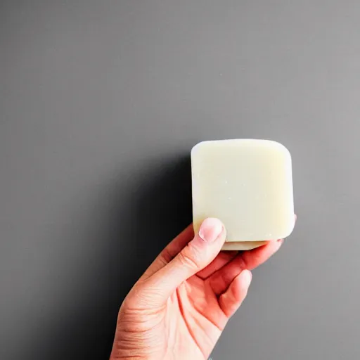 Image similar to a hand holding up a hand made scented bar of soap with a ribbon around it, soap shop in the background, studio advertising photography