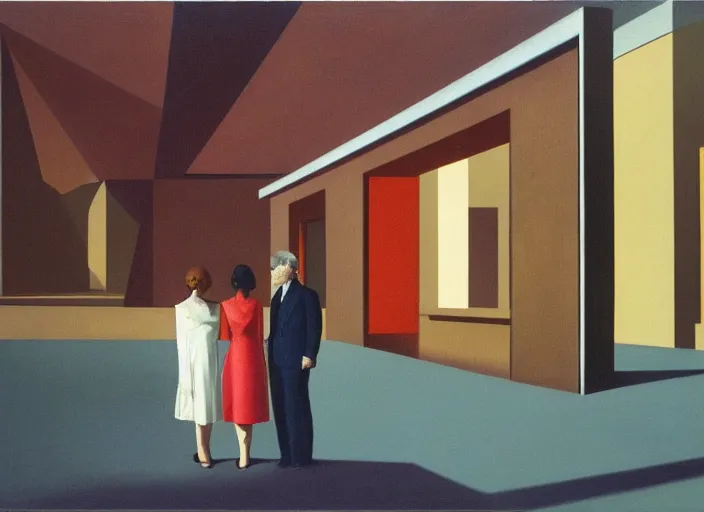 Prompt: two peculiar people with distinct personalities interacting in am urban setting, close - up of the faces : : surreal 7 0's architecture with an open ceiling, absurd designfurniture : : surrealist oil painting by edward hopper, francis bacon, dora maar and rene magritte