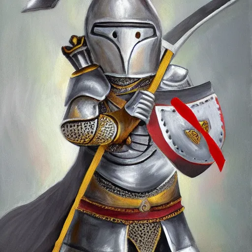 Prompt: grey tabby cat dressed as a knight in shining armor with sword and shield oil painting