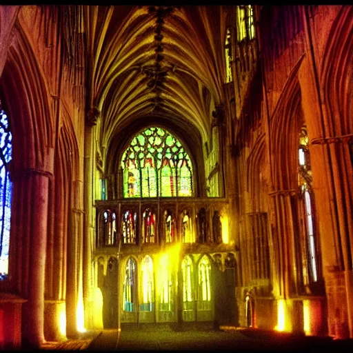 Image similar to 9 0 s rave inside exeter cathedral. flash photography