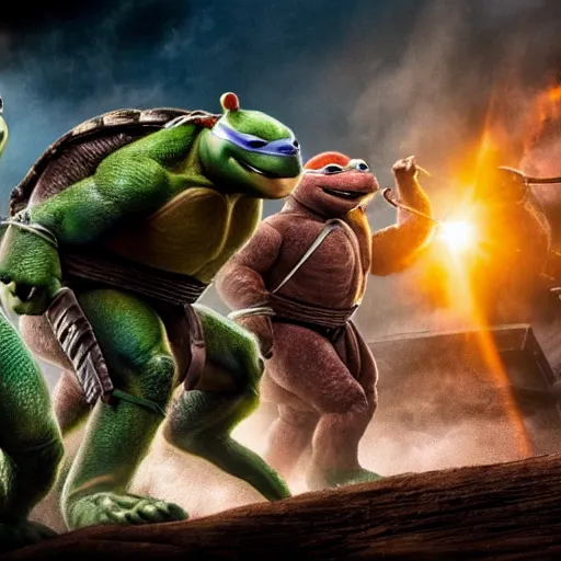 Image similar to hyperrealistic awe inspiring movie still teenage mutant ninja turtles 8 k hdr atmospheric lighting