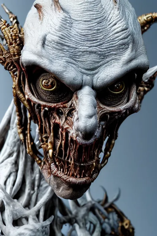 Prompt: photo taken of an epic intricate, ultra detailed, super realistic gritty, lifelike sculpture of a nightmarish hellish alien ghoulish creature created by weta workshop, zoomed in shots, photorealistic, sharp focus, white wall coloured workshop, cold colour temperture, f 0. 4, face centred, golden ratio, golden hour