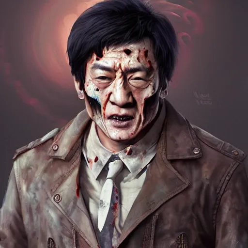 Image similar to Jackie Chan as a zombie, by WLOP, detailed, realistic, trending on artstation