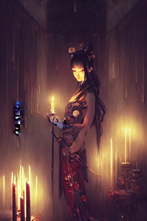 Image similar to dreamy dark hall with candles and dripping wax. beautiful intricately detailed japanese artwork, fantasy art by bayard wu, trending on artstation, epic, shine