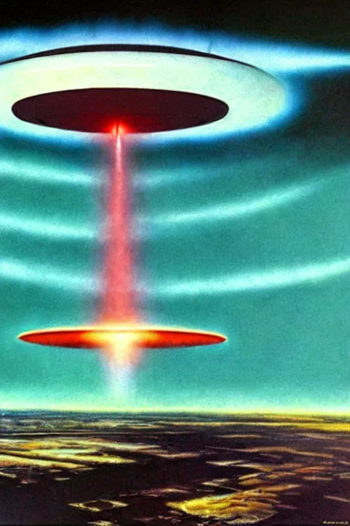 Prompt: a hyperrealistic detailed painting of a code red emergency military firing against massive ufo in the sky above top secret facility. by chris cunningham and richard corben, highly detailed, vivid color,