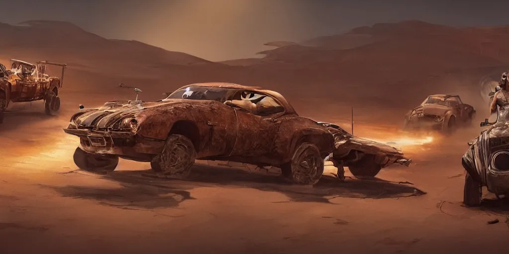 Prompt: an environmental concept art from mad max fury road, single muscle car speeding through the desert, highly detailed, cinematic, dramatic lighting by francis tneh, guy fieri eating a burger, lara croft punching a toaster