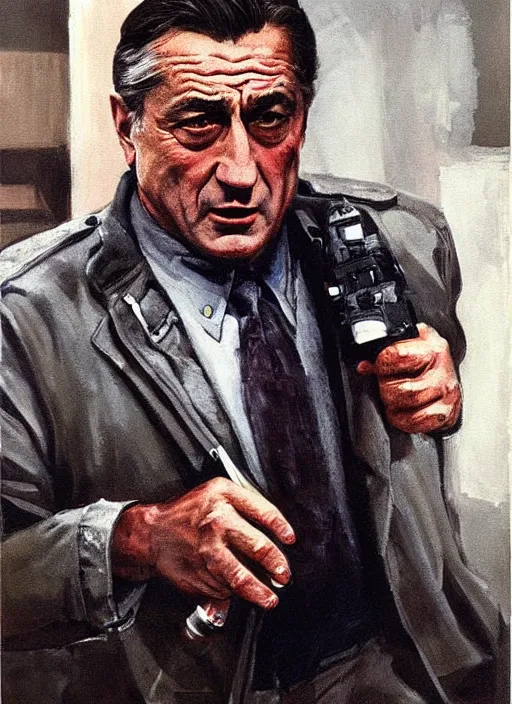 Image similar to painting of robert de niro in character as jack walsh in the movie midnight run, turning and flashing FBI badge, by Frank McCarthy