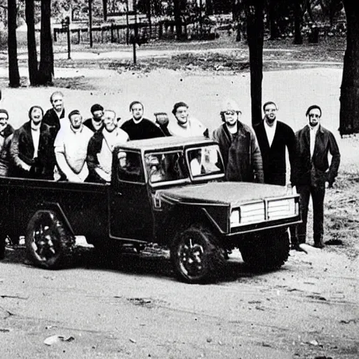 Image similar to “ a press photo of a group of scientists showing off their new vehicle designed to run on meat ”