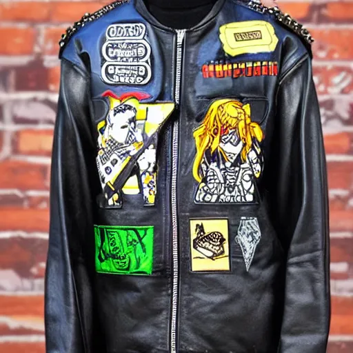 Image similar to cyberpunk, battle jacket, patches, studs