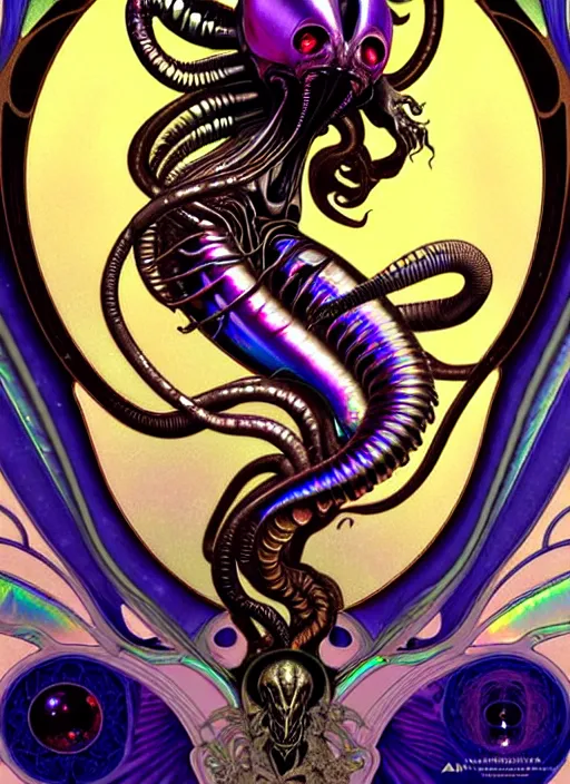 Image similar to xenomorph, rococo and art nouveau fusion, iridescent diaphanous refractive and reflective alien symbols, tarot card, highly detailed, deep focus, elegant, digital painting, smooth, sharp focus, illustration, ultra realistic, 8 k, art by artgerm and alphonse mucha