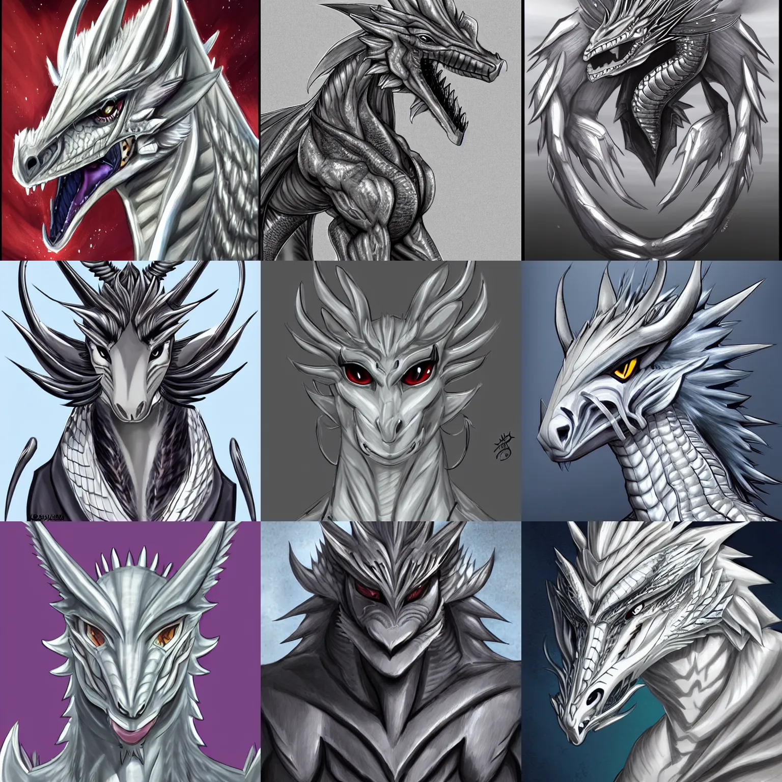 Prompt: a beautiful anthro!!! silver dragon with silver-colored skin, male, noble and confident, headshot commission on furaffinity