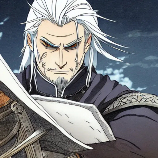 Image similar to well drawn illustartion of Anime geralt of rivia examining a sleeping dragon wide angle sharp fine details in the style of studio ghibli realistic shaded lighting