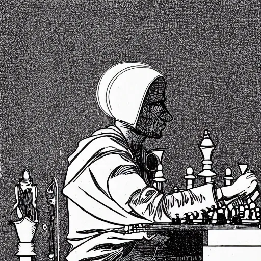 Image similar to a person with a chess piece for a head, by moebius