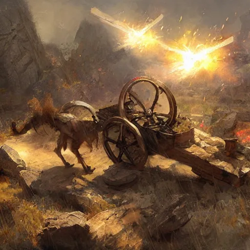 Image similar to a sling catapult machine sending rocks flying, cart wheels, epic fantasy style art by Craig Mullins, fantasy epic digital art