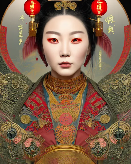 Image similar to portrait of a chinese cyberpunk machine, machine face, robed, upper half portrait, decorated with chinese opera motifs, regal, asian, fine china, wuxia, traditional chinese art intricate intense elegant 京 剧 highly detailed digital painting artstation concept art smooth sharp focus illustration, art by artgerm and greg rutkowski alphonse mucha 8 k