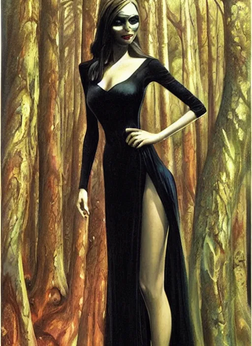 Image similar to slender sylph queen, black iron crown, diamond shimmering dress, strong line, deep color, forest, beautiful! coherent! by boris vallejo, by brom