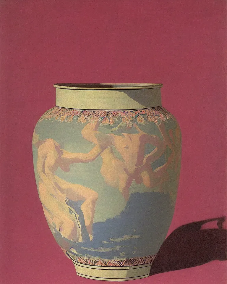 Image similar to achingly beautiful print of intricately painted ancient greek krater on a pink background by rene magritte, monet, and turner.