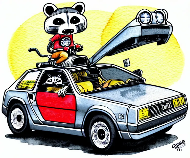 Prompt: cute and funny, racoon wearing a helmet riding in a tiny silver color hot rod dmc delorean with oversized engine, ratfink style by ed roth, centered award winning watercolor pen illustration, isometric illustration by chihiro iwasaki, edited by range murata, details by artgerm, full picture