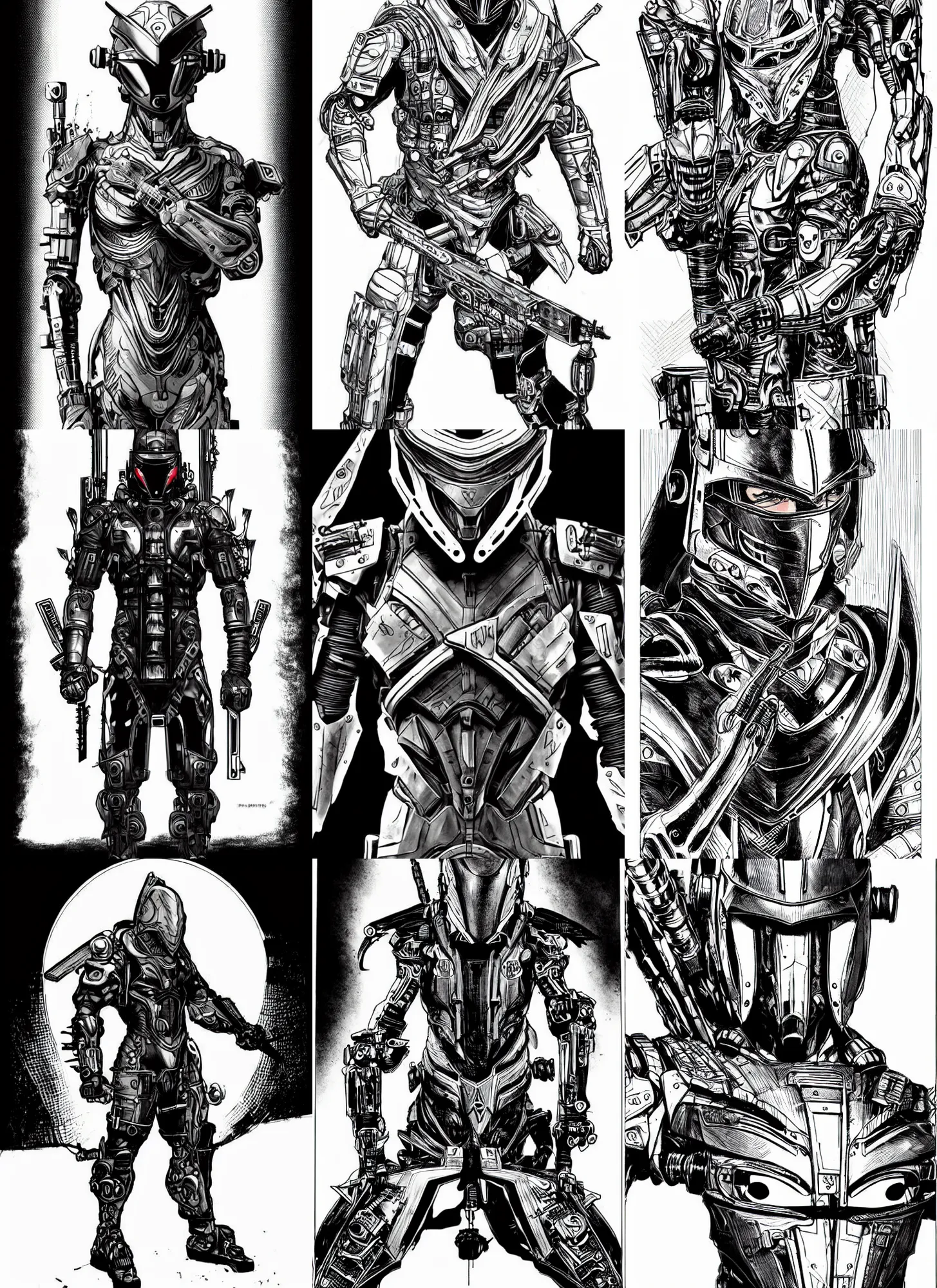 Prompt: combat ninja cyborg designed by jony ive, warframe art, detailed helmet, masculine proportions, portrait, cyberpunk 2 0 2 0 manual, by steampoweredmikej, by tim bradstreet, inktober, ink drawing, black and white, coloring pages, manga, highly detailed
