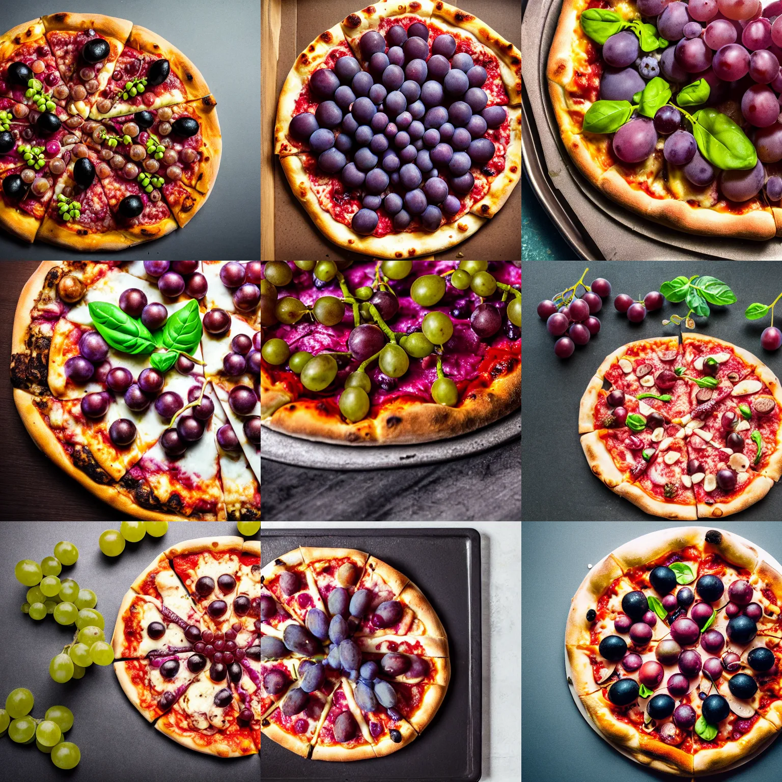 Prompt: grapes in a pizza, professional food photography