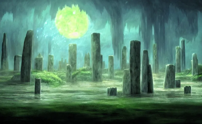 Image similar to a realistic and atmospheric cell - shaded concept art from howl's moving castle ( 2 0 0 4 ) of a futurist sci - fi city that looks like stonehenge in a flooded rainforest. it is a misty starry night. very dull muted colors, hd, 4 k, hq