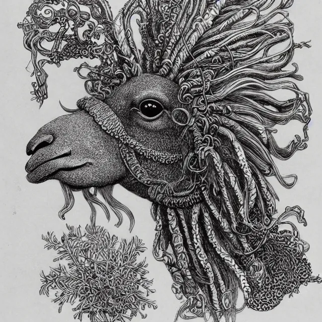 Image similar to llama with dreadlocks, by otomo katsuhiro, ernst haeckel, james jean