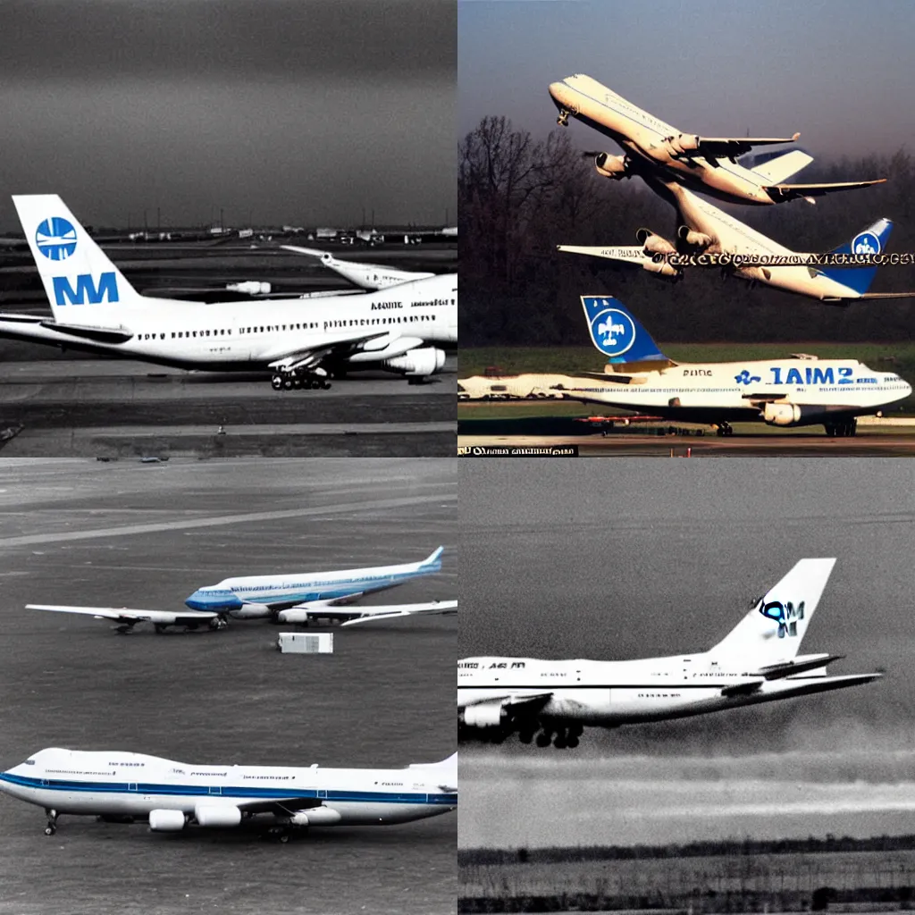 Prompt: historic photograph of klm 747 taking off crashing into a taxiing pan am 747, 1990s, explosion