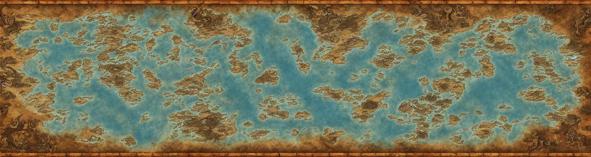 Image similar to fantasy world atlas in the style of an mmorpg world map, 7 0 % ocean, include tundra at the poles, extremely detailed, fantasy, no text, 4 k