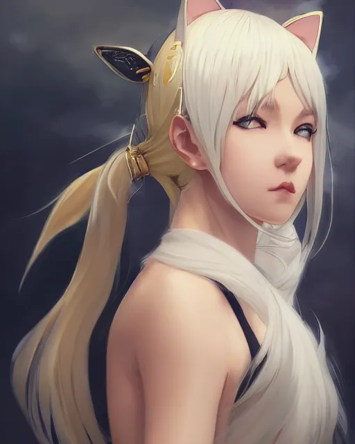 Prompt: a frontal portrait of a very beautiful anime girl pope with cat ears, white hair, gold skin, digital painting, art by wlop artgerm ilya kuvshinov, sharp focus, highly detailed