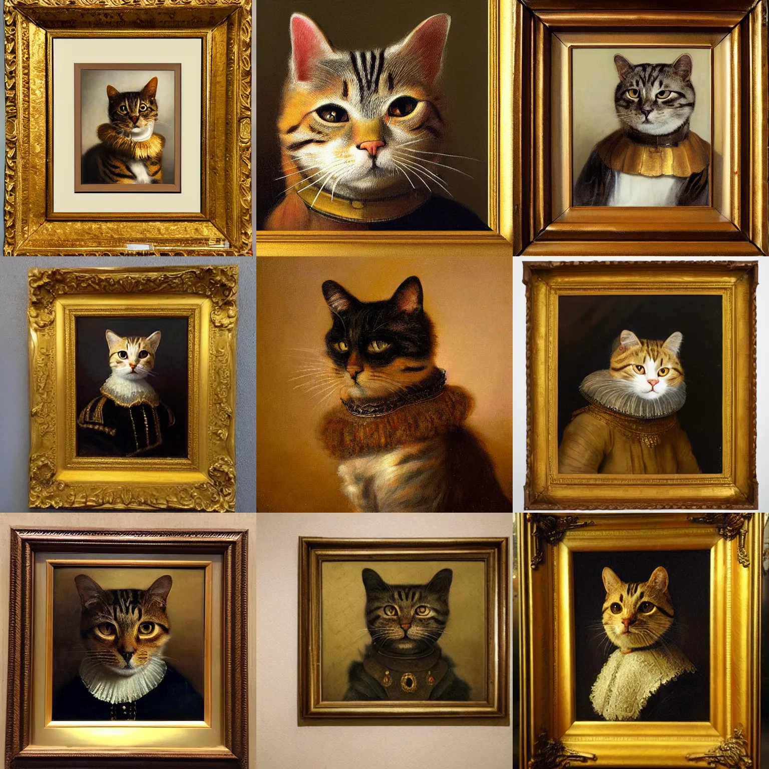 Prompt: golden age style domestic cat with ruff collar portrait framed painting on the wall in a museum painted by Rembrandt
