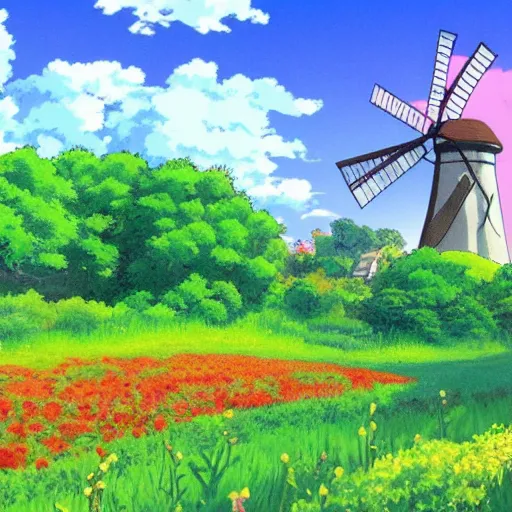 Image similar to beautiful countryside background with a windmill by studio ghibli, 4k, cute, colourful, summer