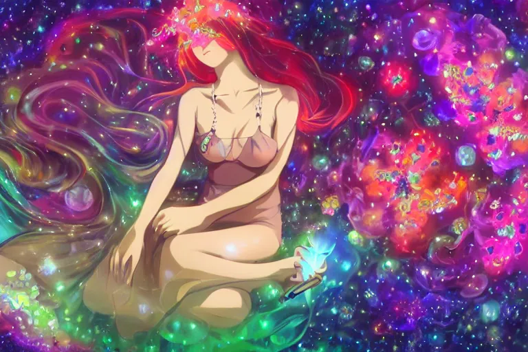 Image similar to psychedelic, whimsical, anime, 4k, beautiful lusty woman smoking weed, with professional makeup, long trippy hair, a crystal and flower dress, sitting on a reflective pool, surrounded by gems, underneath the stars, rainbow fireflies, trending on patreon, deviantart, twitter, artstation, volumetric lighting, heavy contrast, art style of Greg Rutkowski and Miho Hirano and Ross Tran